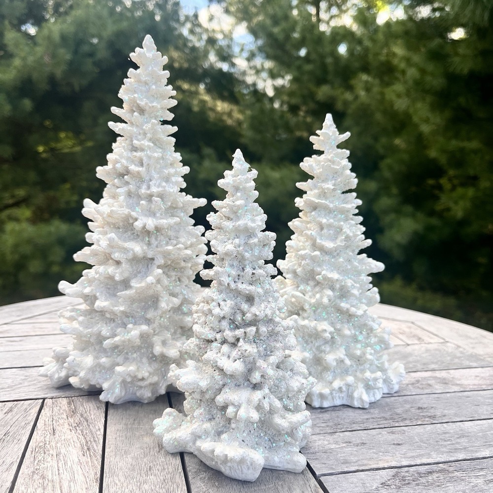 Department 56 Christmas Trees (3) Snow Cover Glitter Sparkle White 9" 7" 6"